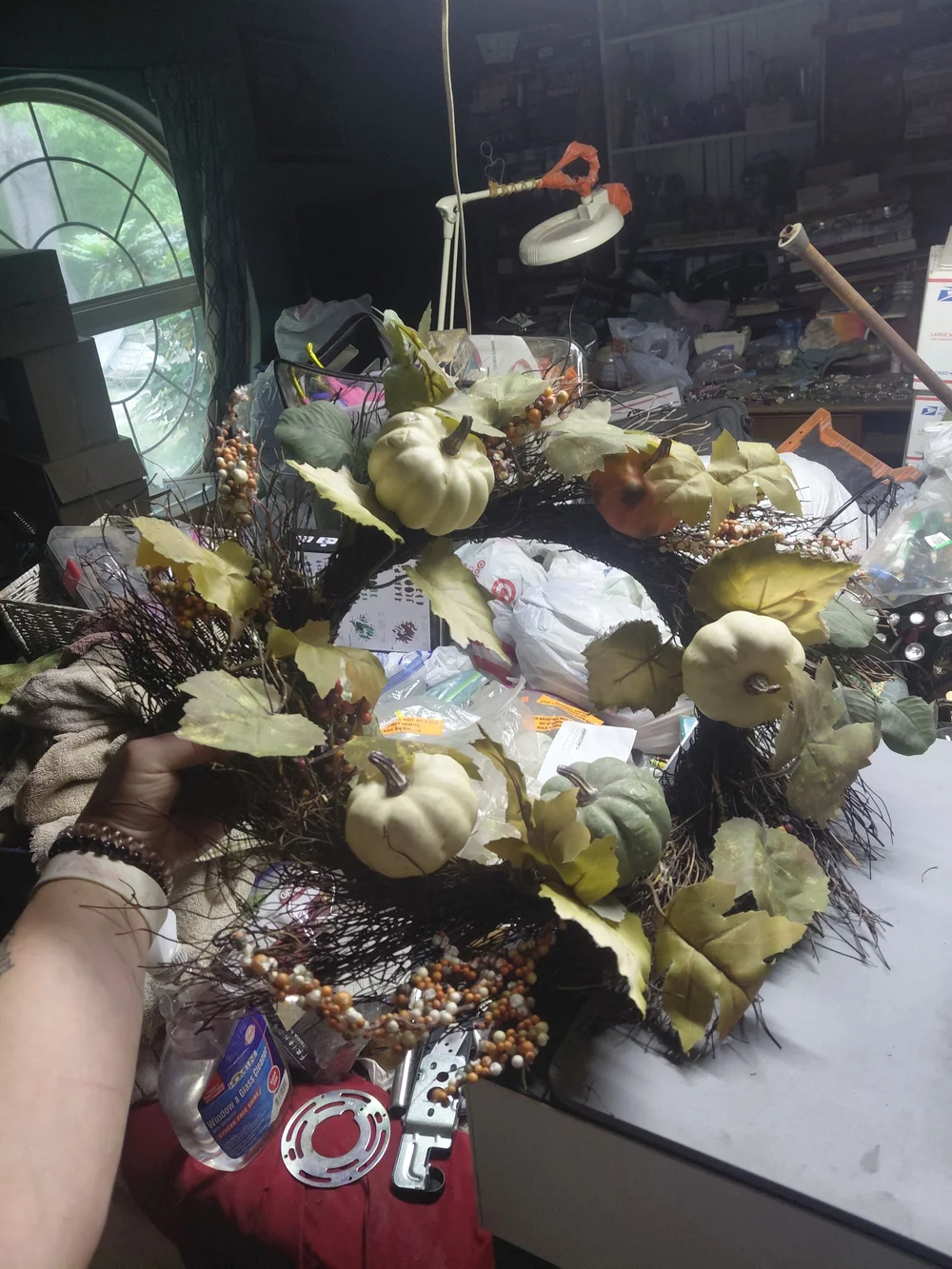 Neutral Pumpkin & Leaf Fall Wreath - Cream & Green